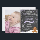 Winter Onederland 1st Birthday Invitation<br><div class="desc">Winter Onederland Snowman 1st Birthday Invitation with custom photo. Gingerbread man. Purple Lilac Lavender and White Snowflake. First Birthday. Girl 1st Bday Invite. Chalkboard Background. Black and White. For further customization,  please click the "Customize it" button and use our design tool to modify this template.</div>