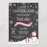 Winter Onederland 1st Birthday Invitation<br><div class="desc">Winter Onederland 1st Birthday Invitation. Snowman and Penguin. Pink and White Snowflake. First Birthday. Girl 1st Bday Invite. Chalkboard Background. Black and White. For further customization,  please click the "Customize it" button and use our design tool to modify this template.</div>