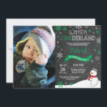 Winter Onederland 1st Birthday Invitation<br><div class="desc">Winter Onederland 1st Birthday Invitation with custom photo. Snowman. Green and White Snowflake. First Birthday. Boy or Girl 1st Bday Invite. Chalkboard Background. Black and White. For further customization,  please click the "Customize it" button and use our design tool to modify this template.</div>