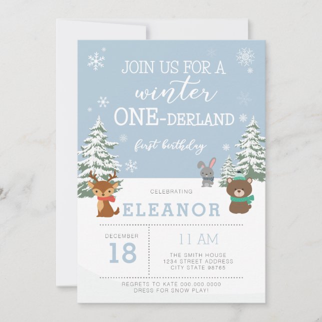 winter onederland 1st birthday invitation animals (Front)
