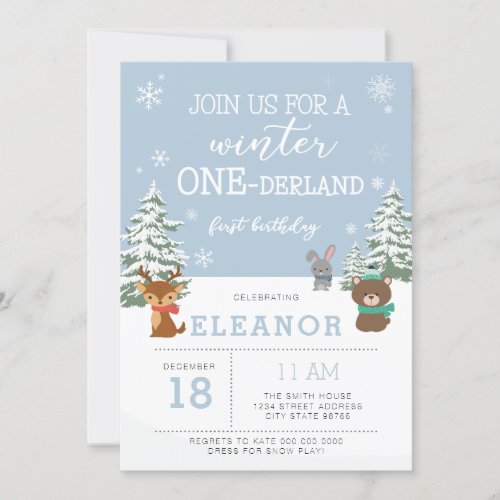 winter onederland 1st birthday invitation animals