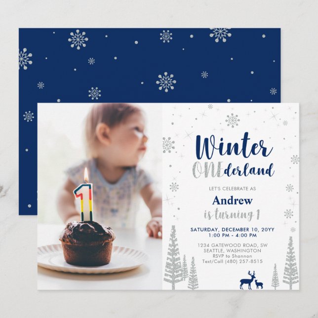 Winter Onederland 1st Birthday Invitation - Boy (Front/Back)