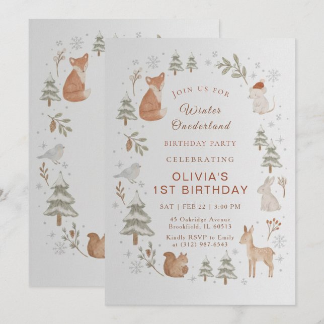 Winter ONEderland 1st Birthday Invitation Editable (Front/Back)