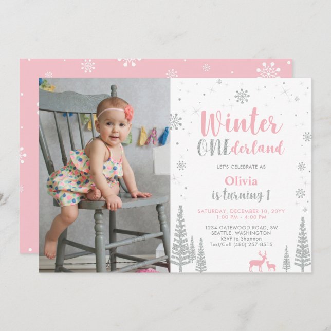 Winter Onederland 1st Birthday Invitation - Girl (Front/Back)