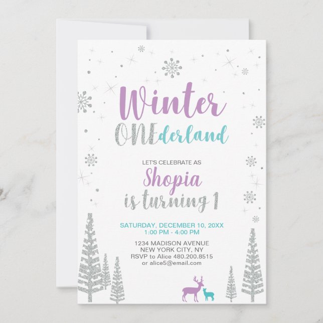 Winter Onederland 1st Birthday Invitation - Girl (Front)