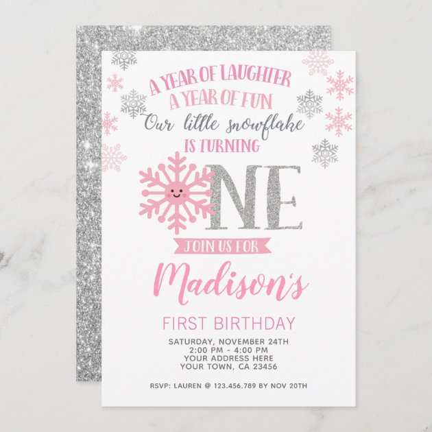 Winter ONEderland Girl Birthday Invitation Pink Silver Birthday Snowflake First Birthday DigitalPrintable OR Printed & Shipped!