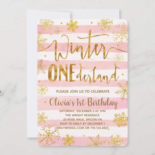 Winter ONEderland 1st Birthday Invitation Pink (Front)
