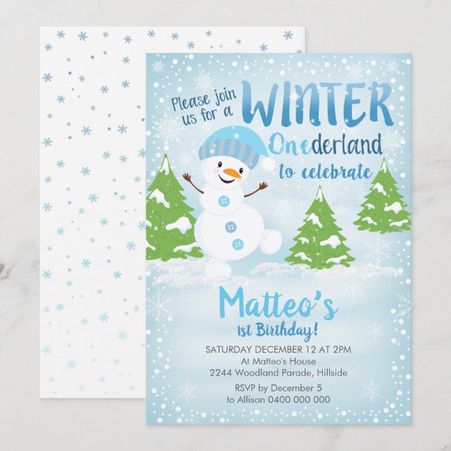 Winter Onederland 1st Birthday Invitation Snowman (Front/Back)