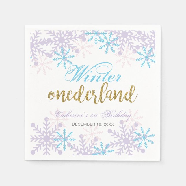 Winter Onederland 1st Birthday Lavender Blue Snow Napkins (Front)
