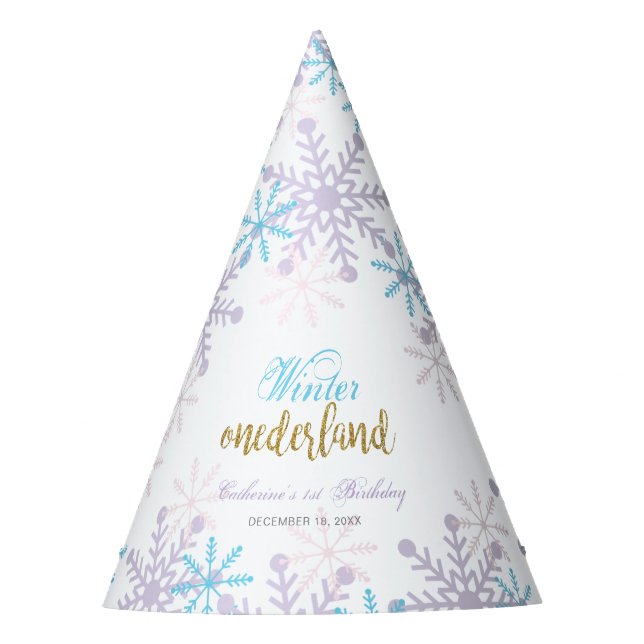 Winter Onederland 1st Birthday Lavender Blue Snow Party Hat (Front)
