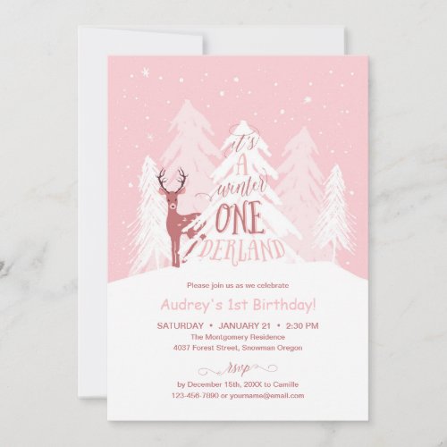 Winter Onederland 1st Birthday Party Invite Pink