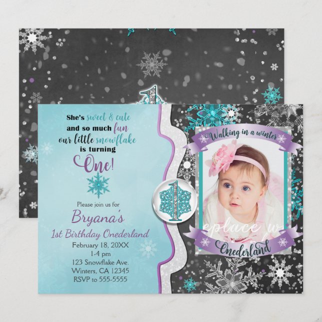 Winter Onederland 1st Birthday Photo Invitations (Front/Back)