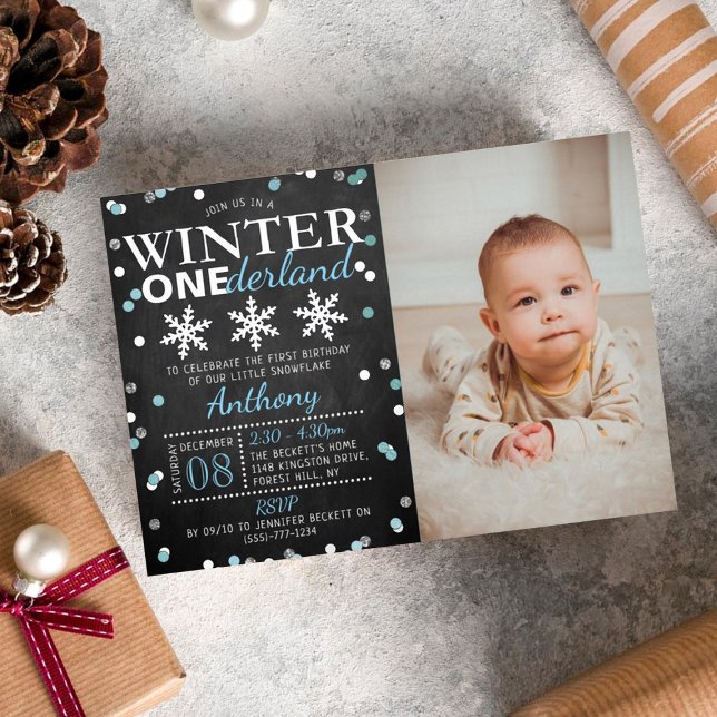Winter ONEderland 1st Birthday Photo Real Foil Invitation (Creator Uploaded)