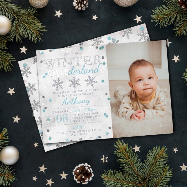 Winter ONEderland 1st Birthday Photo Real Foil Invitation (Creator Uploaded)