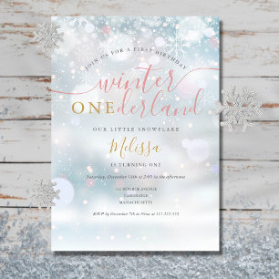 Winter Onederland 1st Birthday Pink And Gold Invitation