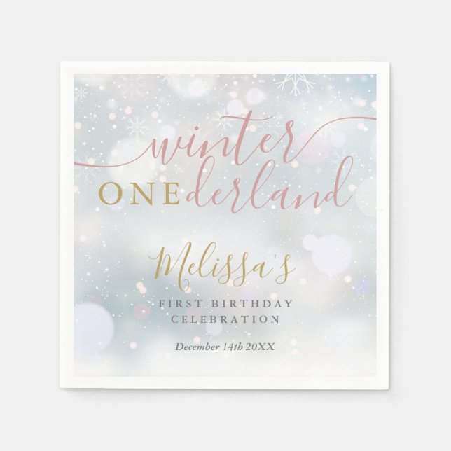 Winter Onederland 1st Birthday Pink And Gold Napkins (Front)