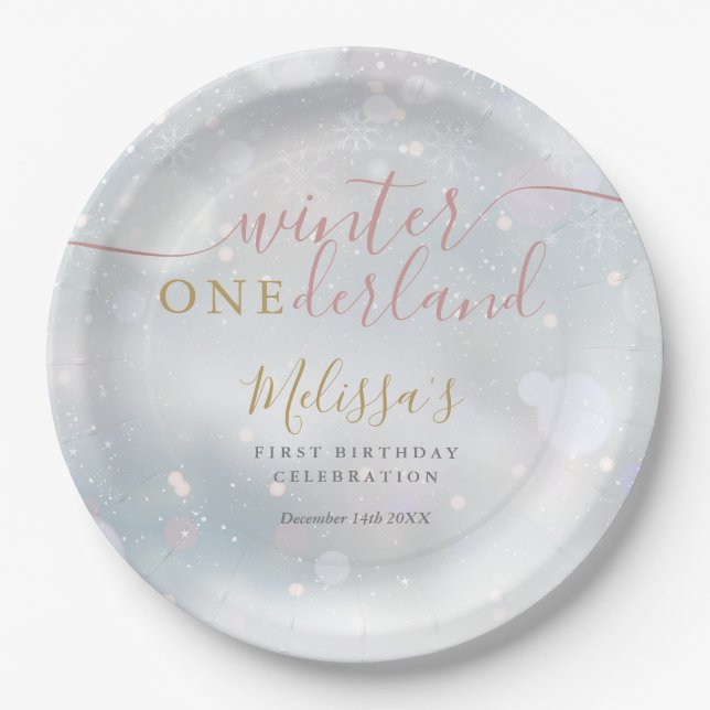 Winter Onederland 1st Birthday Pink And Gold Paper Plates (Front)