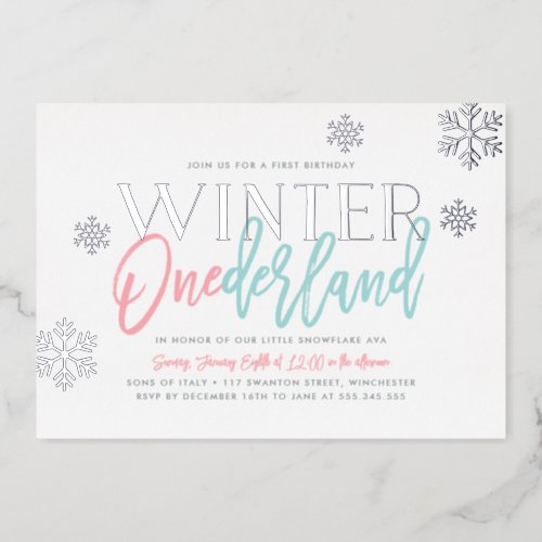 Winter ONEderland 1st Birthday Pink Blue Silver Foil Invitation