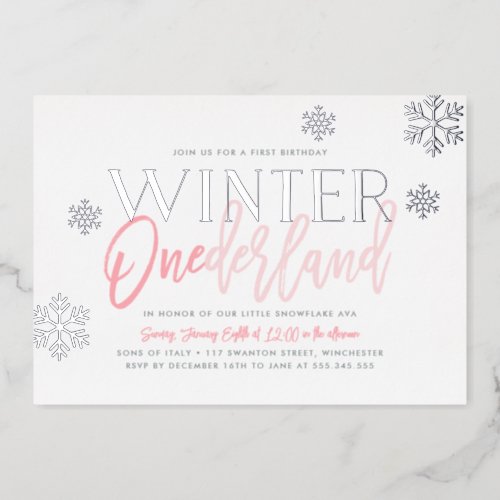 Winter ONEderland 1st Birthday Pink Silver Foil Invitation