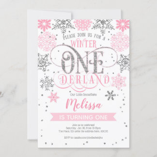 Winter Onederland 1st birthday, Pink silver Invitation