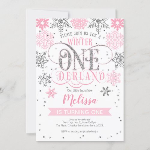 Winter Onederland 1st birthday Pink silver Invitation