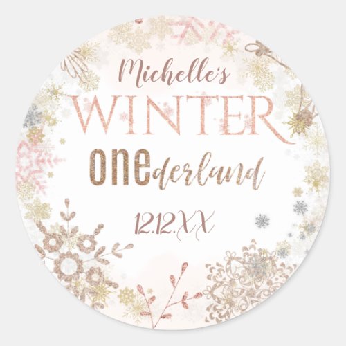 Winter Onederland 1st Birthday Pink Snowflake Classic Round Sticker