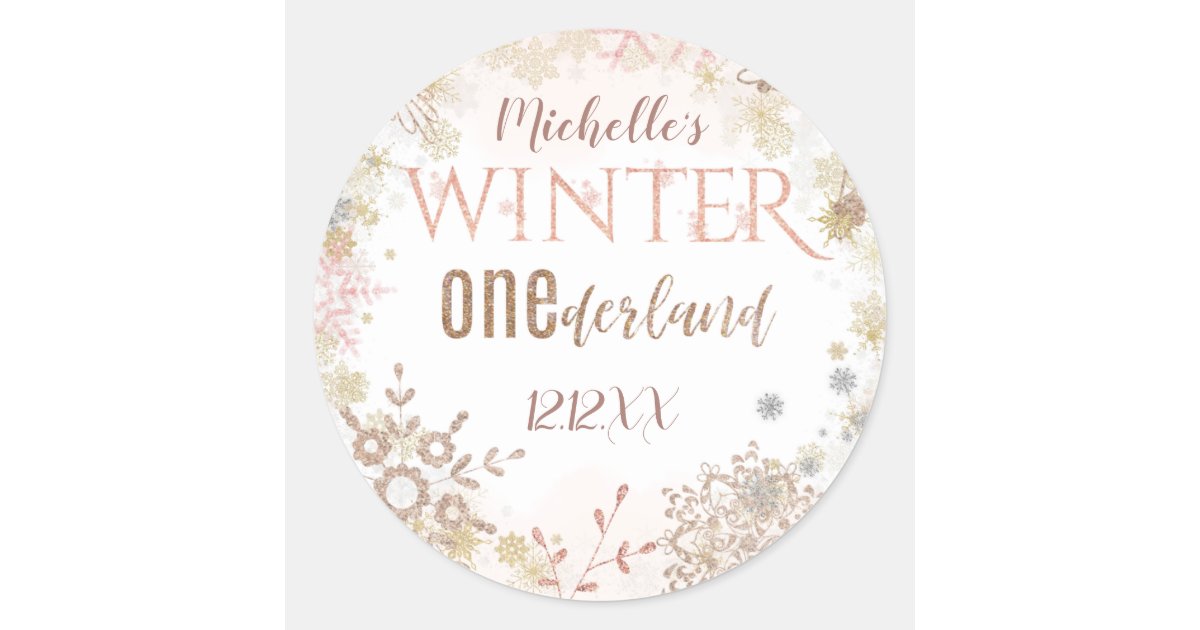 Winter Onederland 1st Birthday Pink Snowflake Classic Round Sticker ...