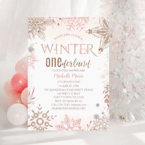 Winter Onederland 1st Birthday Pink Snowflake Invitation