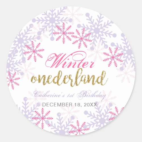 Winter Onederland 1st Birthday Purple Pink Snow Classic Round Sticker