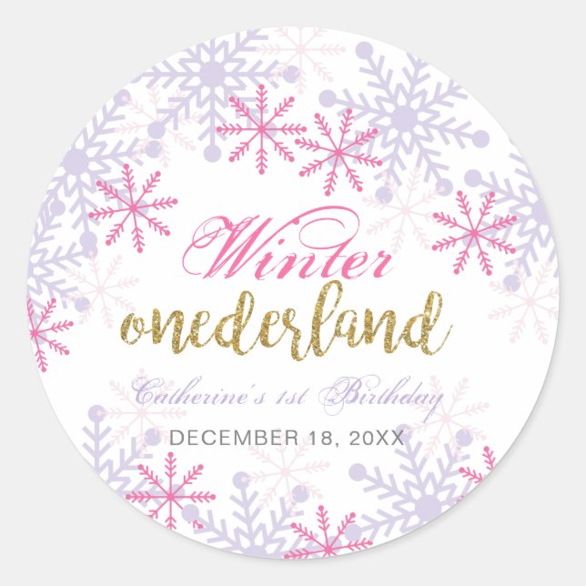 Winter Onederland 1st Birthday Purple Pink Snow Classic Round Sticker (Front)