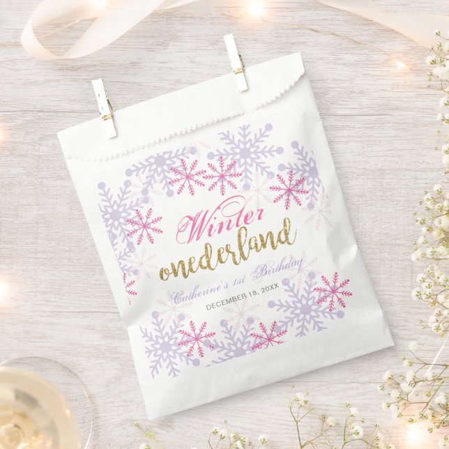 Winter Onederland 1st Birthday Purple Pink Snow Favor Bag (Clipped)