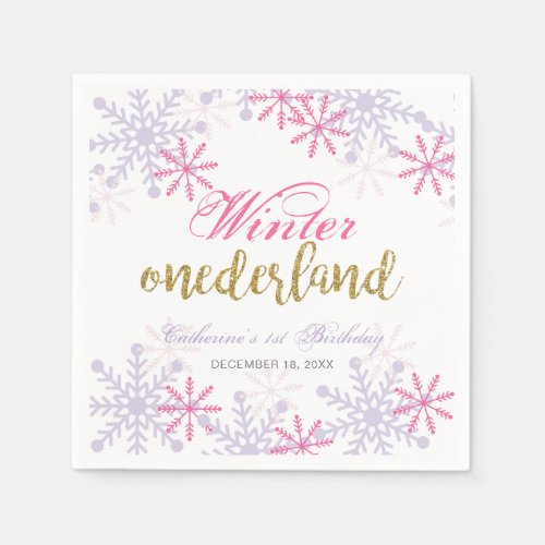 Winter Onederland 1st Birthday Purple Pink Snow Napkins