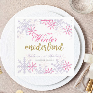 Winter Onederland 1st Birthday Purple Pink Snow Napkins