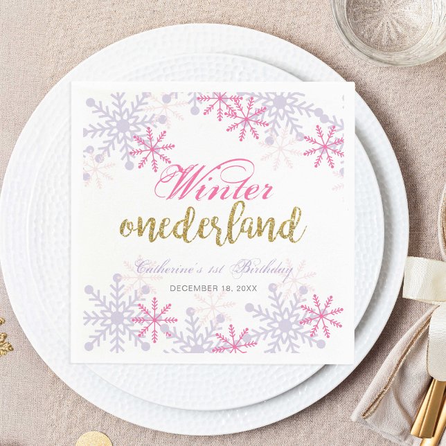 Winter Onederland 1st Birthday Purple Pink Snow Napkins (Creator Uploaded)