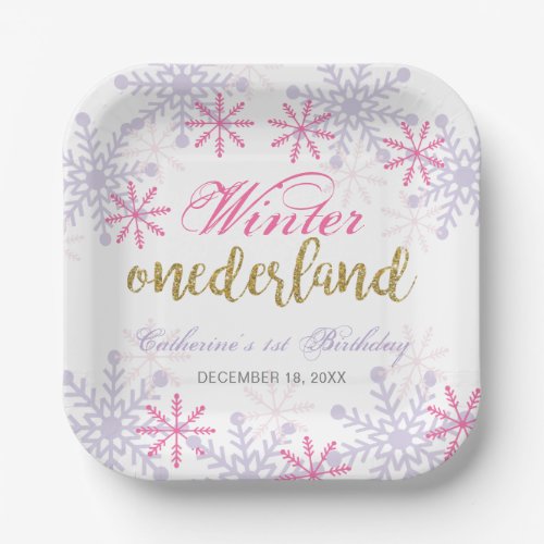 Winter Onederland 1st Birthday Purple Pink Snow Paper Plates