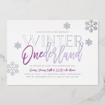 Winter Onederland 1st Birthday Purple Silver Foil Invitation by NBpaperco at Zazzle