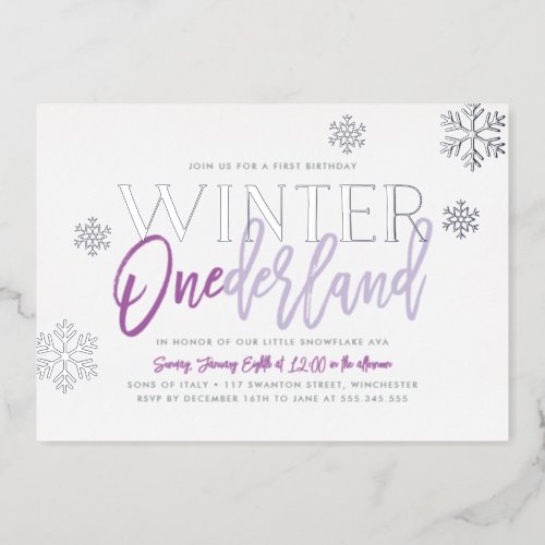 Winter ONEderland 1st Birthday Purple Silver Foil Invitation