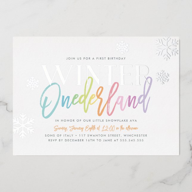 Winter ONEderland 1st Birthday Rainbow Foil Invitation (Front)