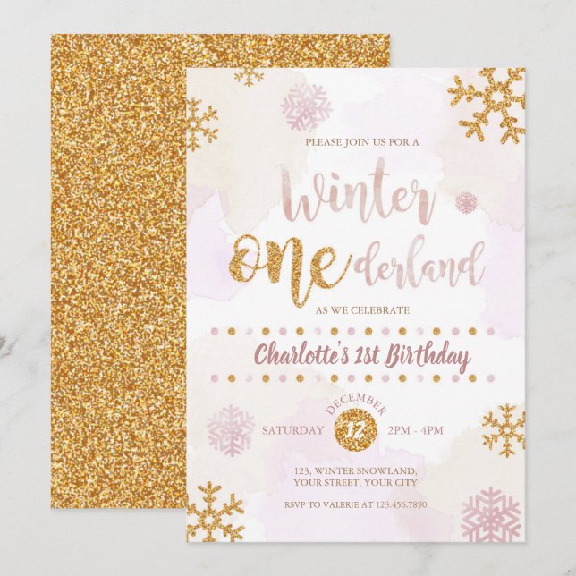 Winter Onederland 1st Birthday Rose Gold and Gold Invitation (Front/Back)