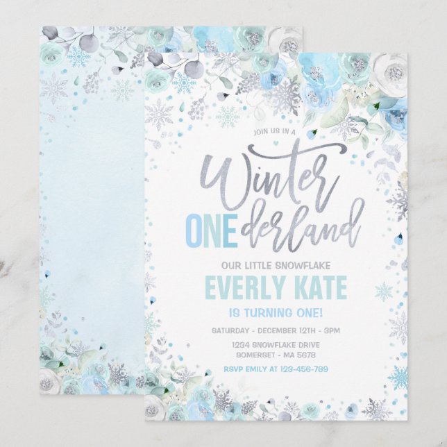 Winter ONEderland 1st Birthday Silver Blue Mint Invitation (Front/Back)