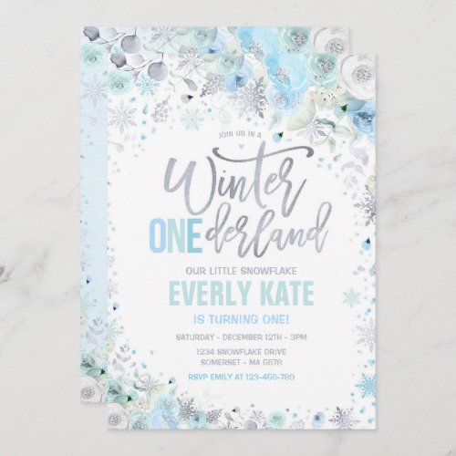 Winter ONEderland 1st Birthday Silver Blue Mint Invitation