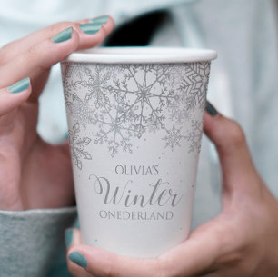 Winter Onederland 1st Birthday Silver Glitter snow Paper Cups