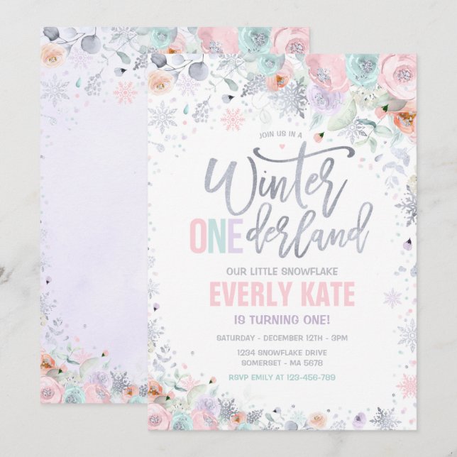 Winter ONEderland 1st Birthday Silver Lilac Pink Invitation (Front/Back)