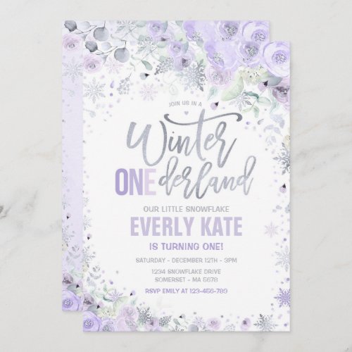 Winter ONEderland 1st Birthday Silver Lilac Purple Invitation