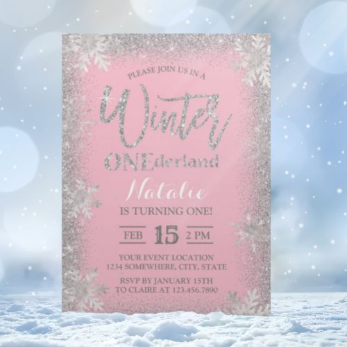 Winter ONEderland 1st Birthday Silver Pink Girl Invitation