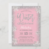 Winter ONEderland 1st Birthday Silver Pink Girl Invitation (Front)