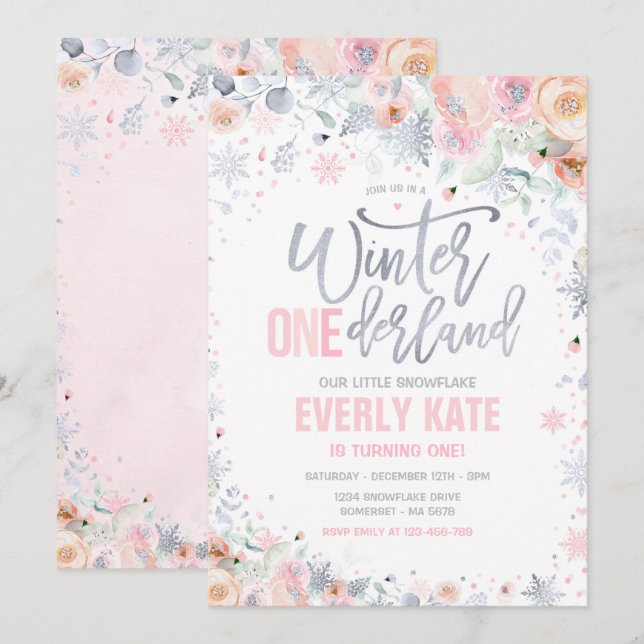 Winter ONEderland 1st Birthday Silver Pink Peach Invitation (Front/Back)