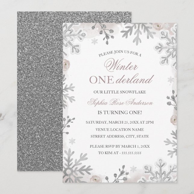 Winter Onederland 1st Birthday Silver Snowflake Invitation (Front/Back)