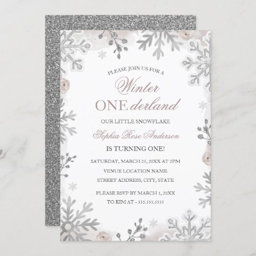 Winter Onederland 1st Birthday Silver Snowflake Invitation