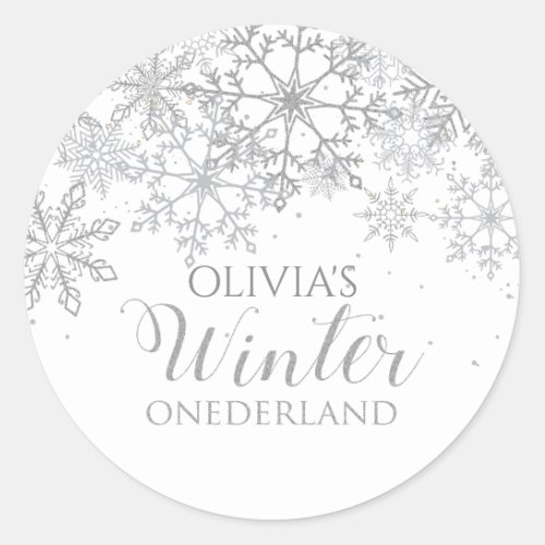 Winter Onederland 1st Birthday Silver snowflakes Classic Round Sticker